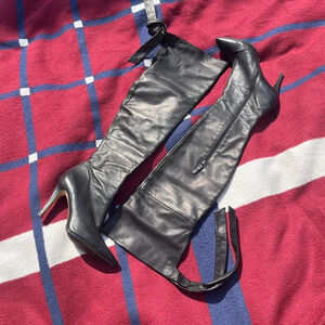 Via Spiga over the knee high black leather heeled boots tie strap